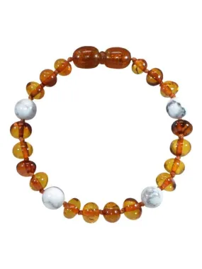 Baby bracelet - Amber and natural stones - Cognac Amber / Howlite - White