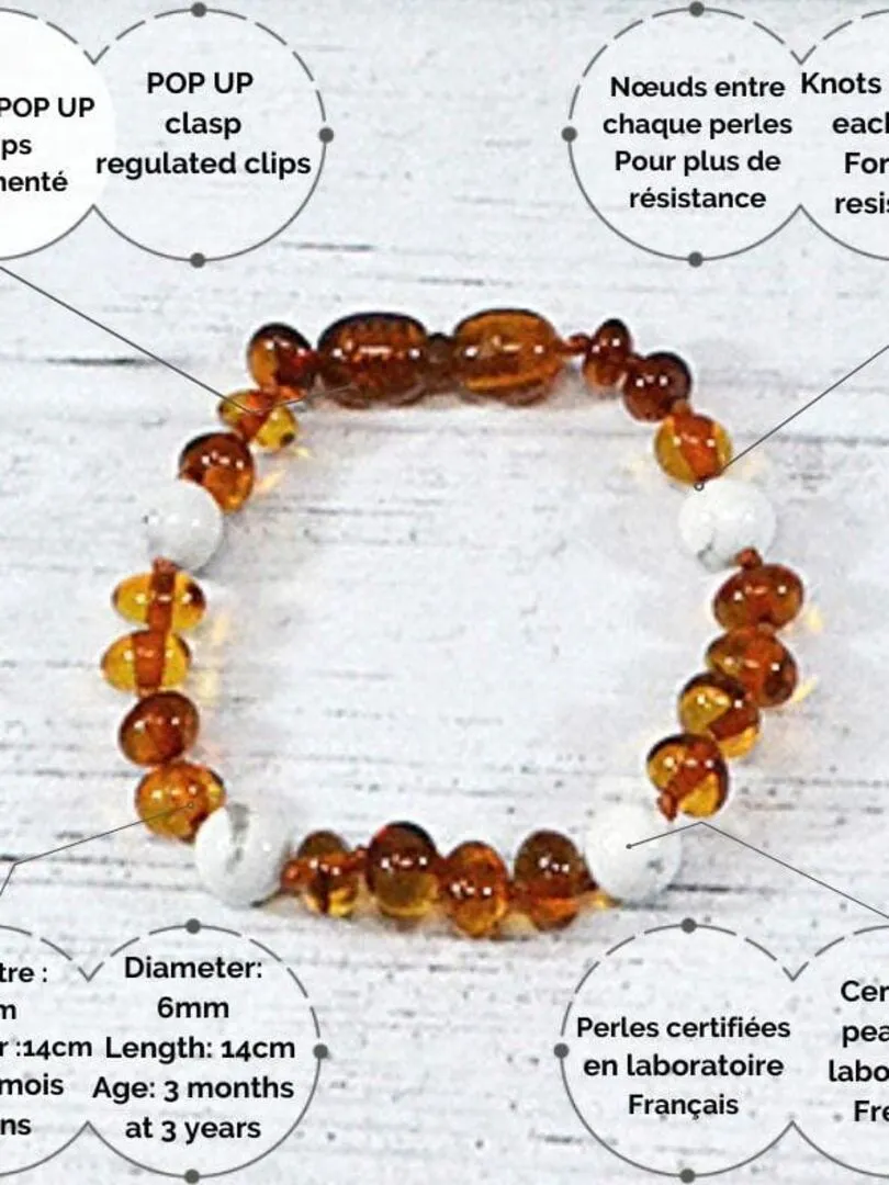 Baby bracelet - Amber and natural stones - Cognac Amber / Howlite - White