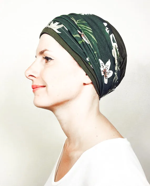 Green flowered headscarf and cap for chemotherapy and alopecia.