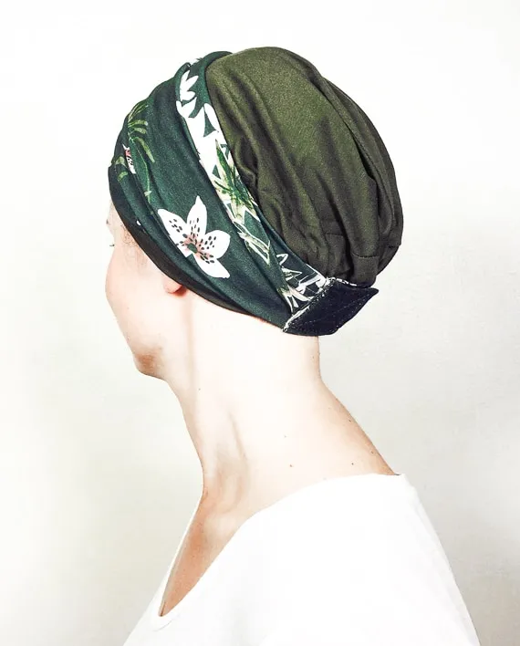 Green flowered headscarf and cap for chemotherapy and alopecia.