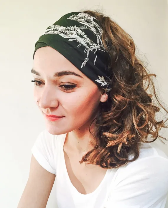 Green flowered headscarf and cap for chemotherapy and alopecia.