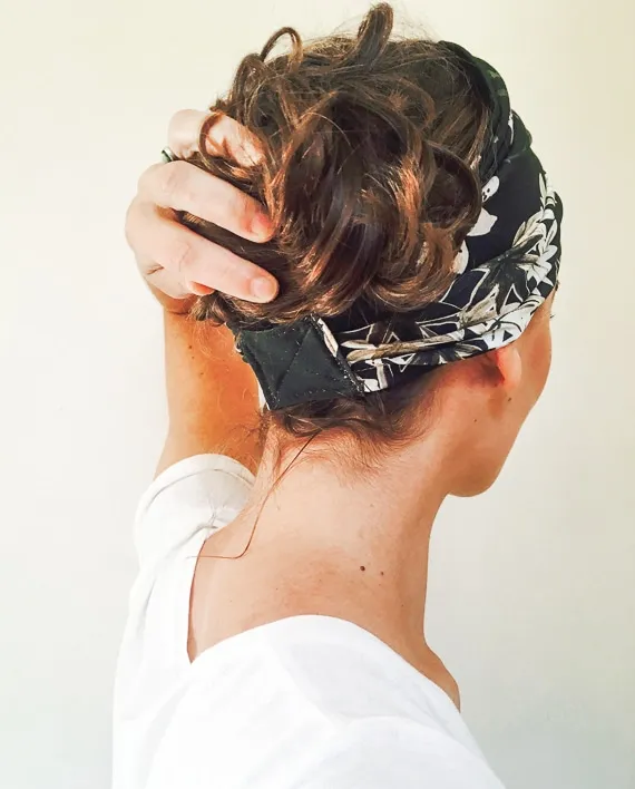 Green flowered headscarf and cap for chemotherapy and alopecia.