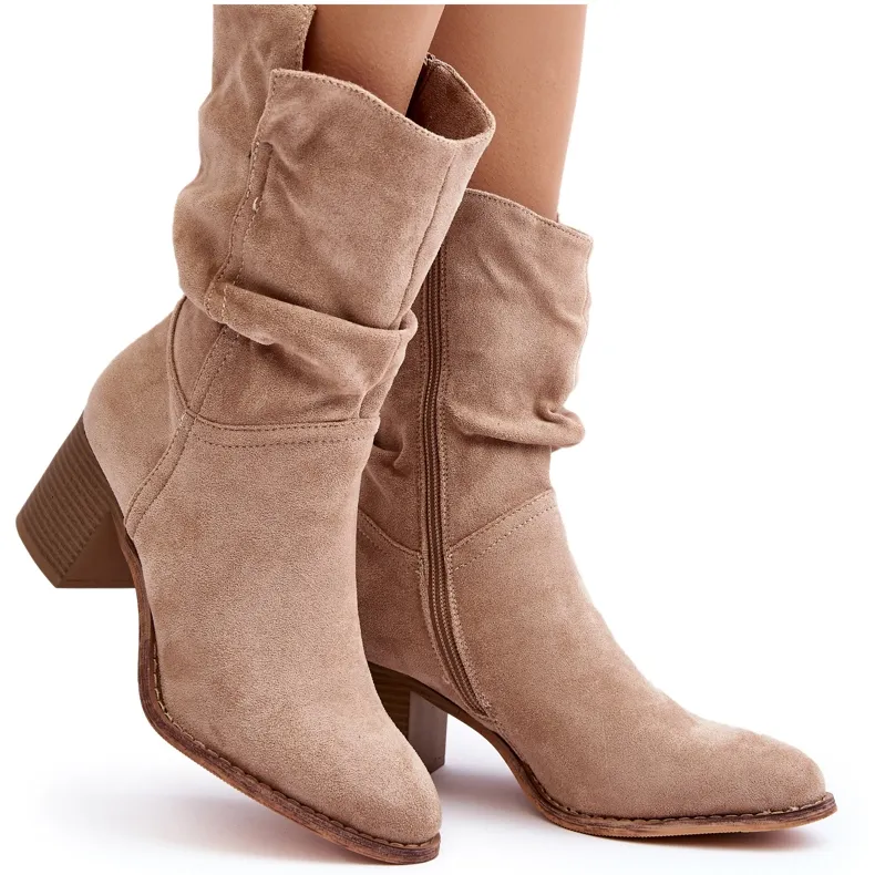 Beige Insulated Women's Shavy Boots with Ruched Shaft on High Heel