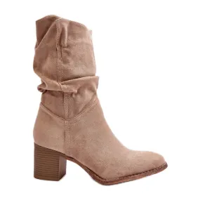 Beige Insulated Women's Shavy Boots with Ruched Shaft on High Heel