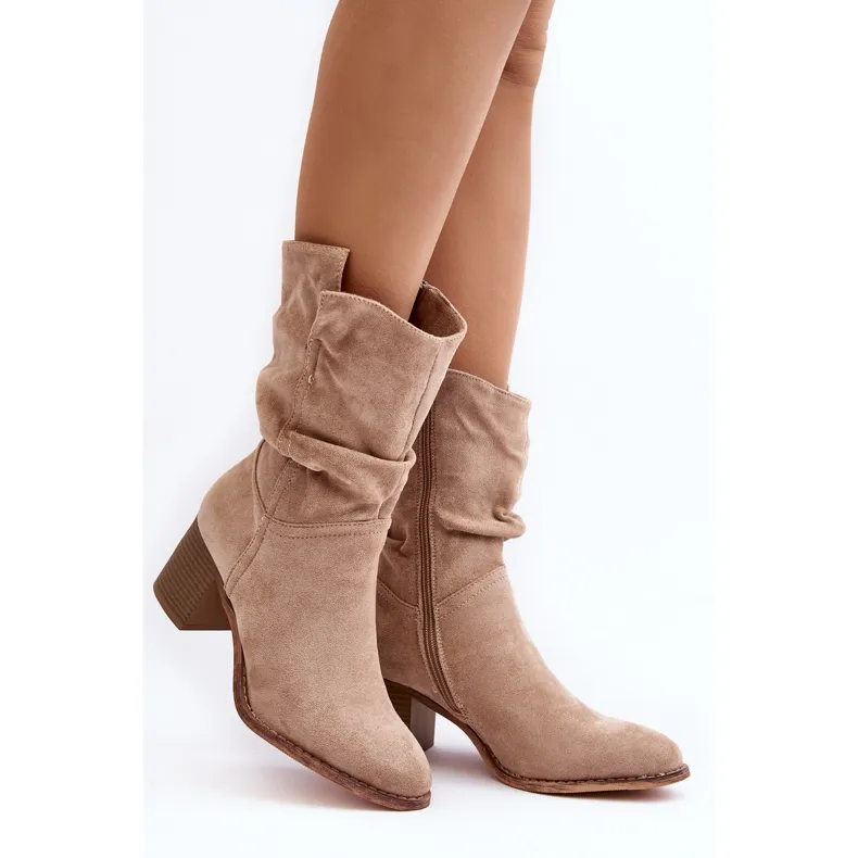 Beige Insulated Women's Shavy Boots with Ruched Shaft on High Heel