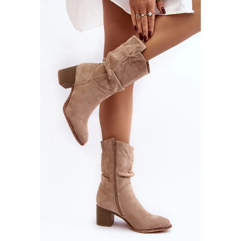 Beige Insulated Women's Shavy Boots with Ruched Shaft on High Heel