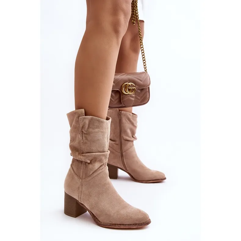 Beige Insulated Women's Shavy Boots with Ruched Shaft on High Heel