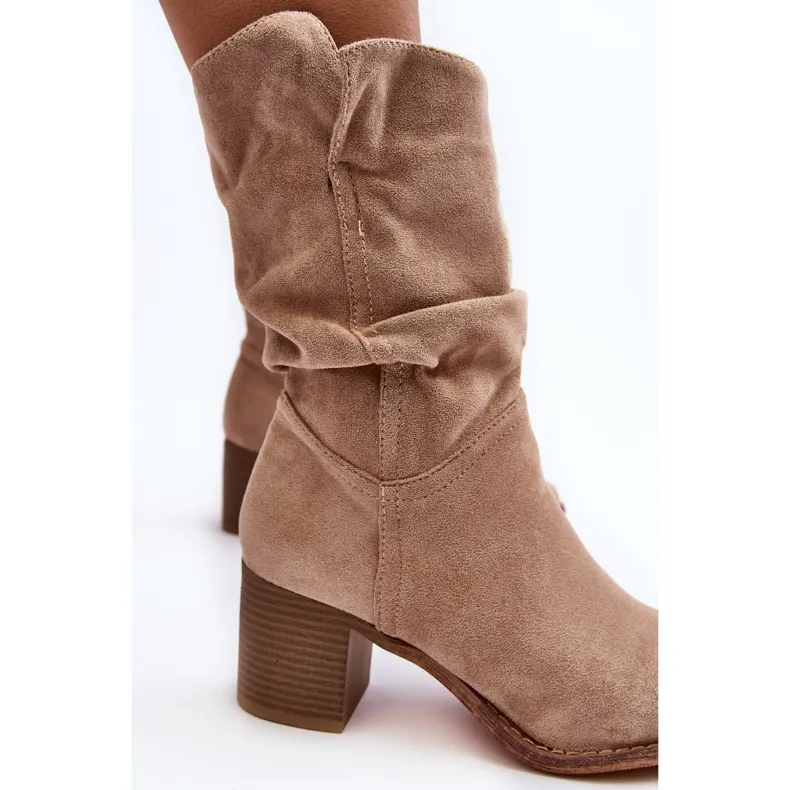 Beige Insulated Women's Shavy Boots with Ruched Shaft on High Heel