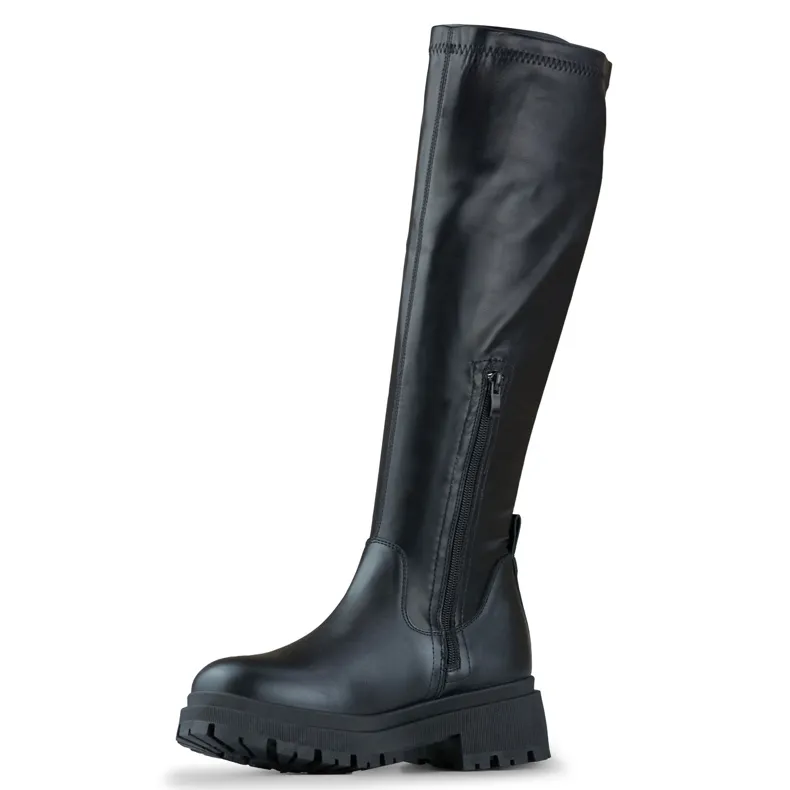 Black eco-leather women's elastic boots in black.