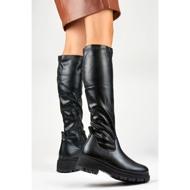 Black eco-leather women's elastic boots in black.