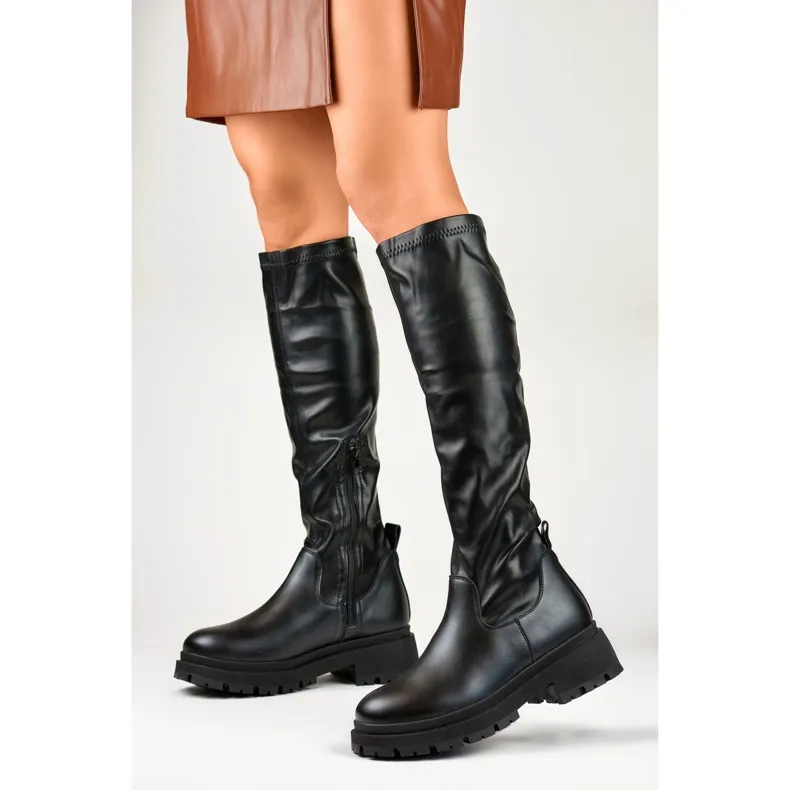 Black eco-leather women's elastic boots in black.