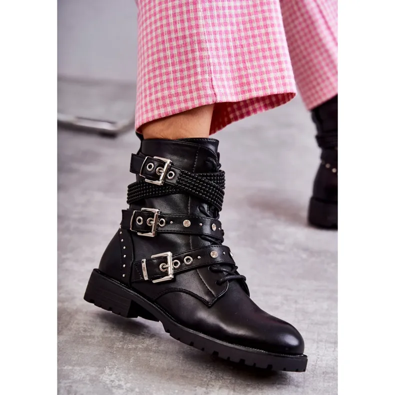 Black Russo Women's Leather Boots with Decorative Stripes