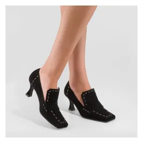 Black suede geometric pumps with white stitching | Buy LODI women's shoes online