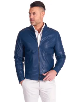 Marlon Blue Men's Genuine Leather Biker Jacket in Blue Denim Style