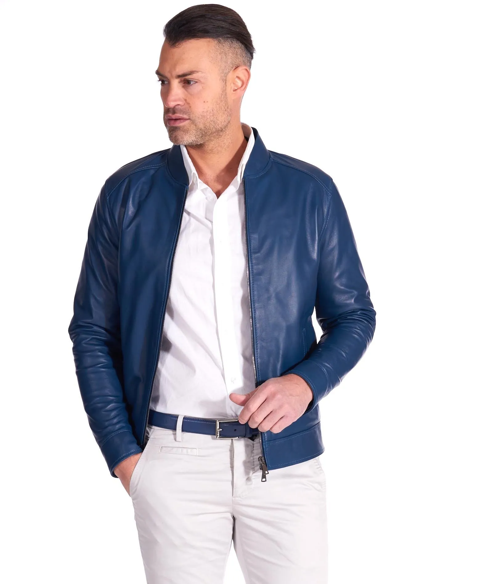 Marlon Blue Men's Genuine Leather Biker Jacket in Blue Denim Style