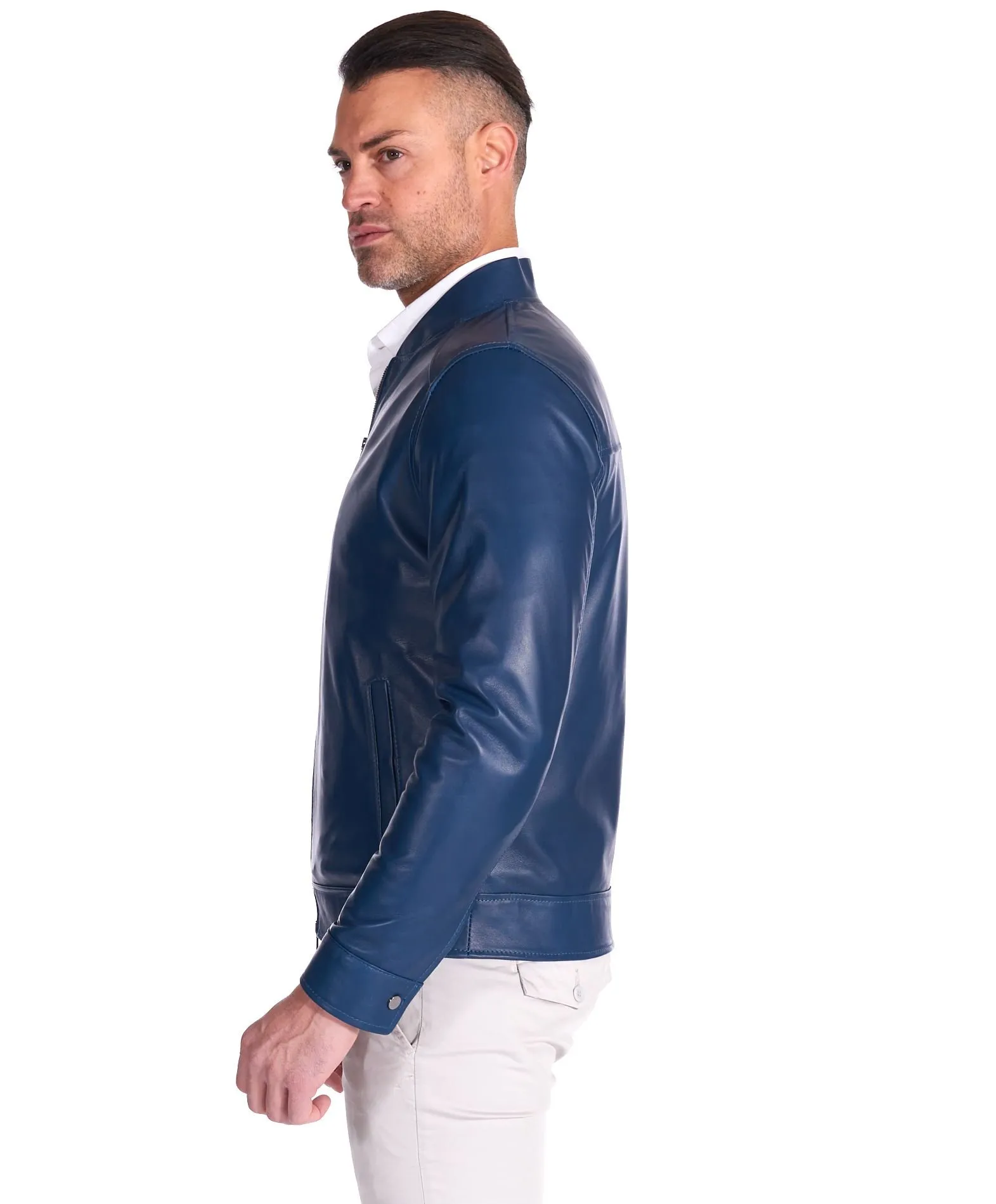 Marlon Blue Men's Genuine Leather Biker Jacket in Blue Denim Style