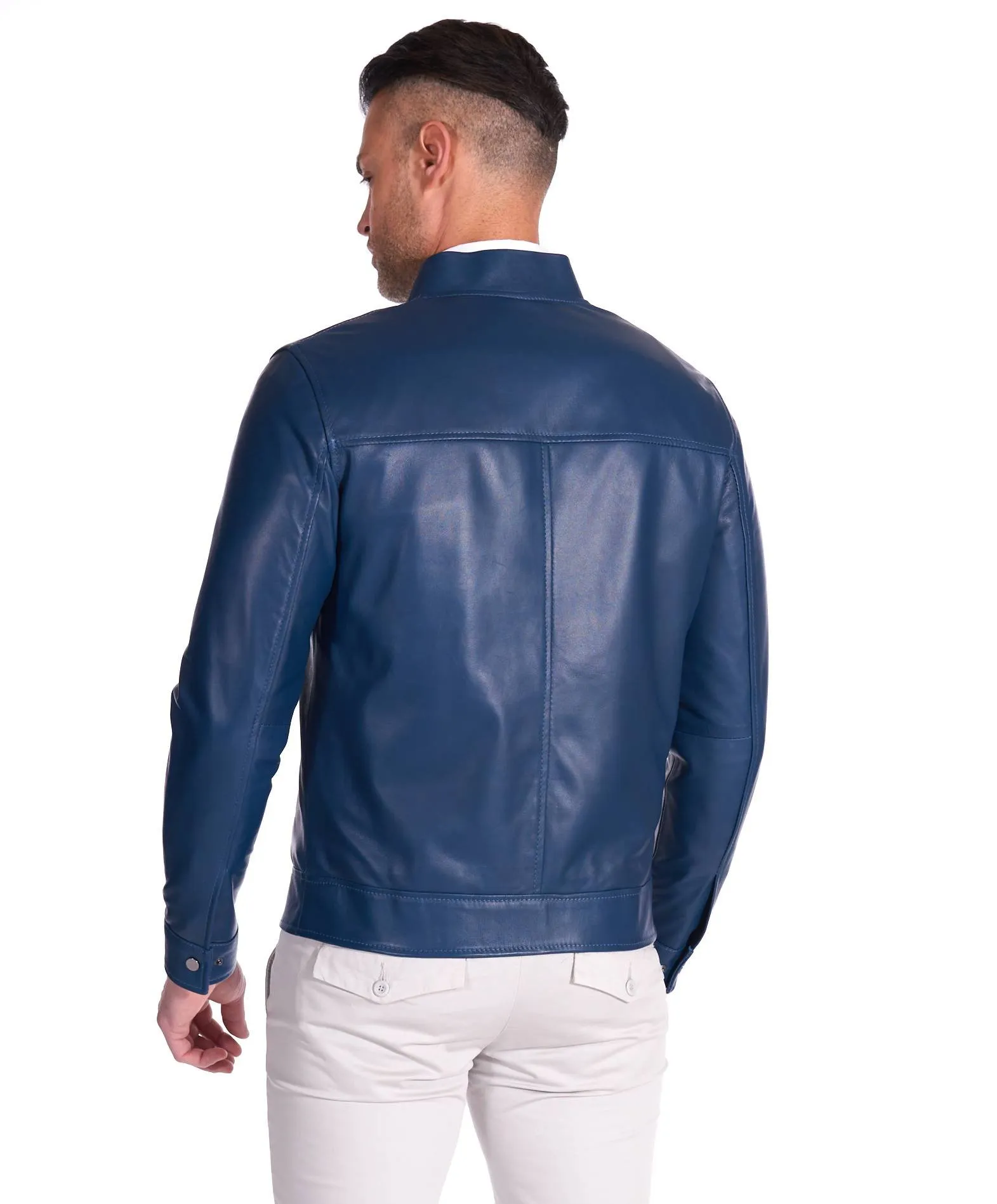 Marlon Blue Men's Genuine Leather Biker Jacket in Blue Denim Style