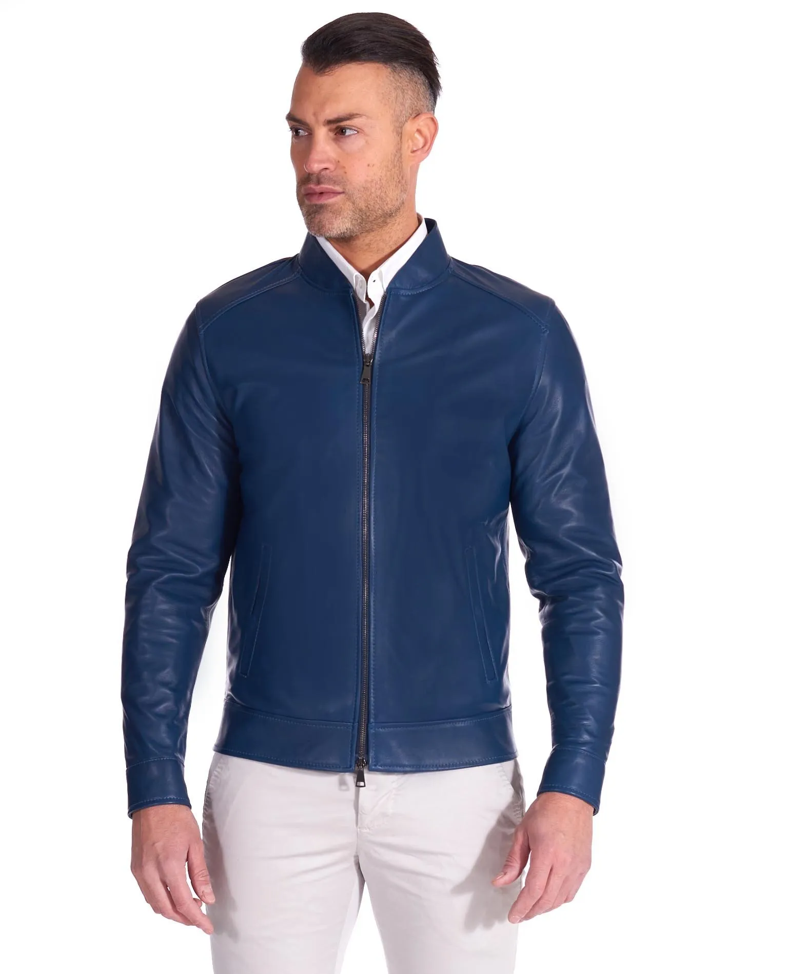 Marlon Blue Men's Genuine Leather Biker Jacket in Blue Denim Style