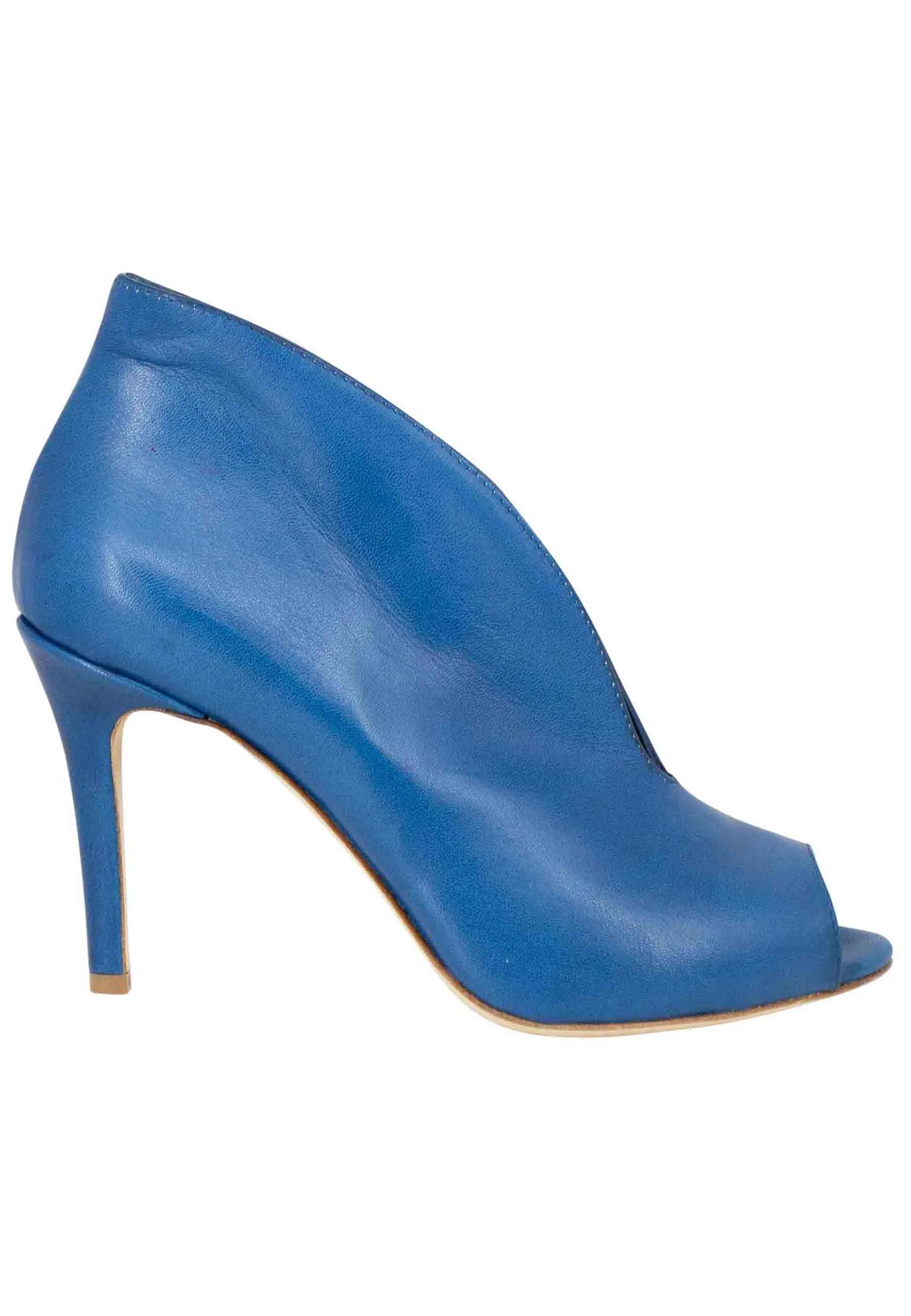 Blue denim high heel open toe leather women's booties.