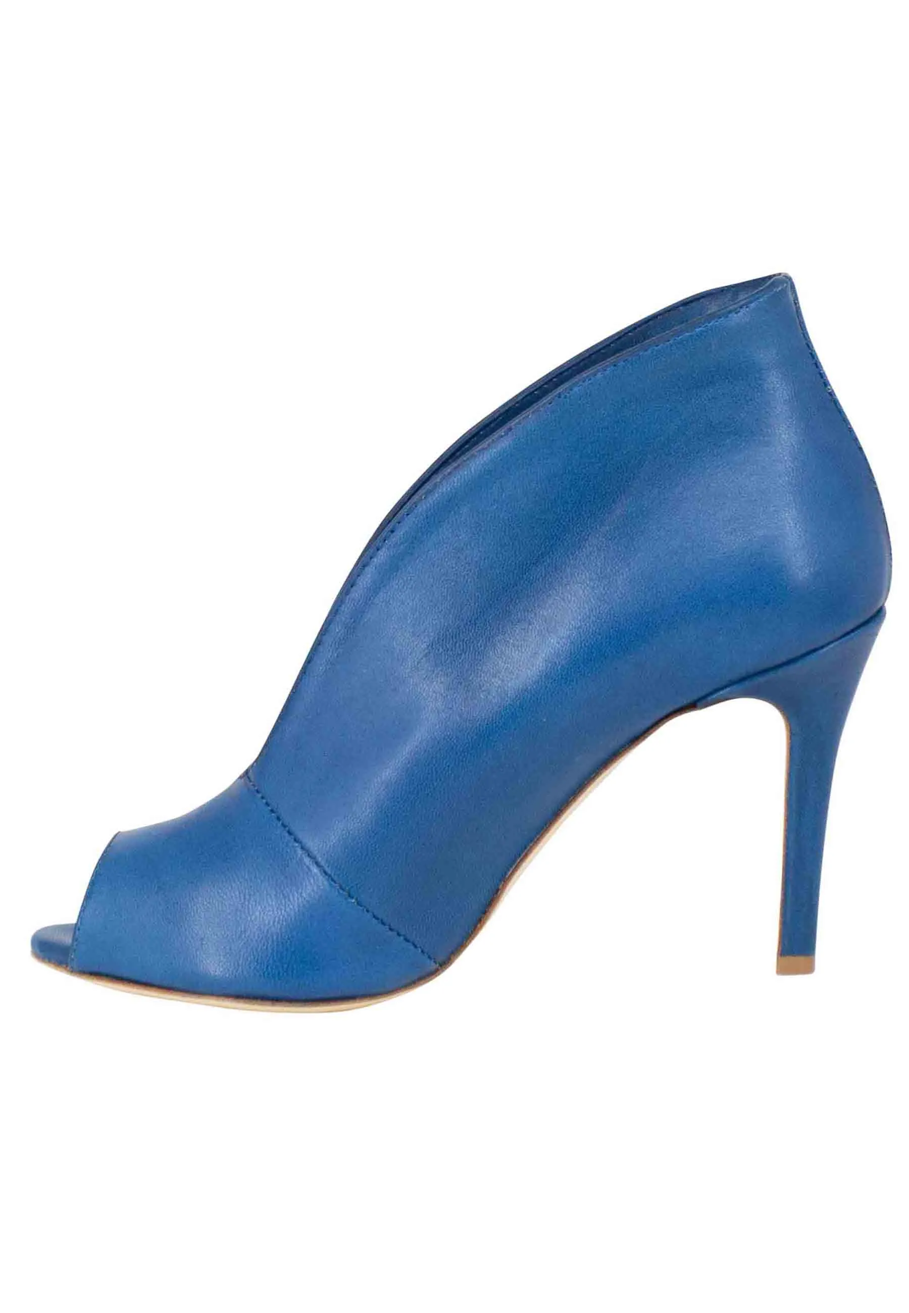 Blue denim high heel open toe leather women's booties.