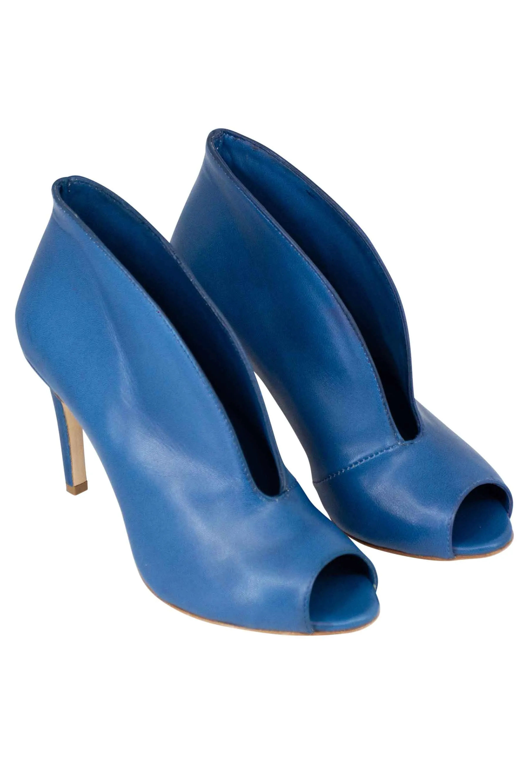 Blue denim high heel open toe leather women's booties.