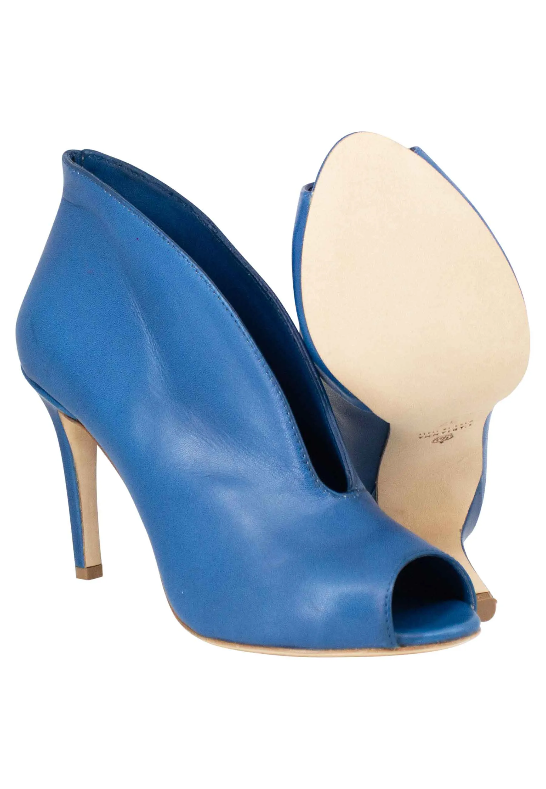 Blue denim high heel open toe leather women's booties.