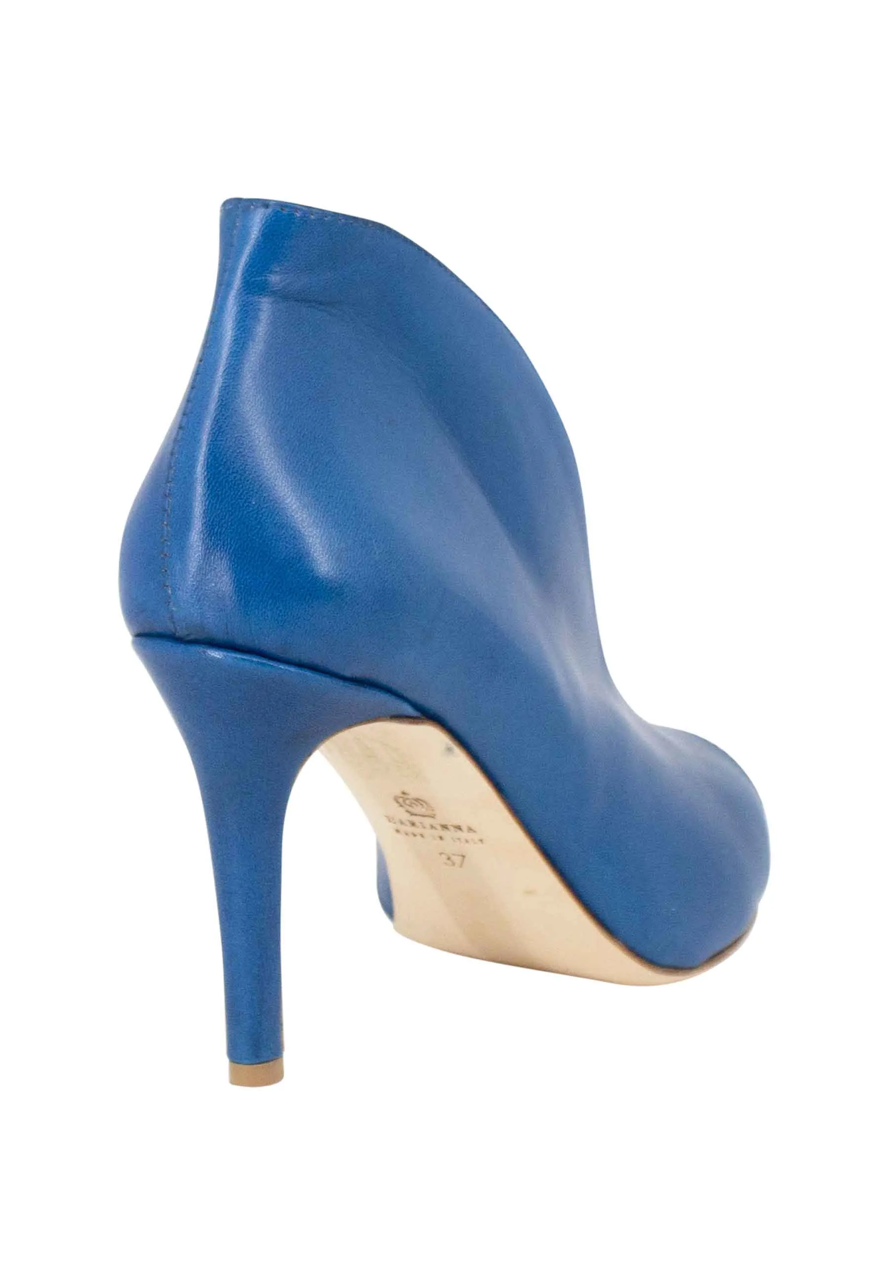 Blue denim high heel open toe leather women's booties.