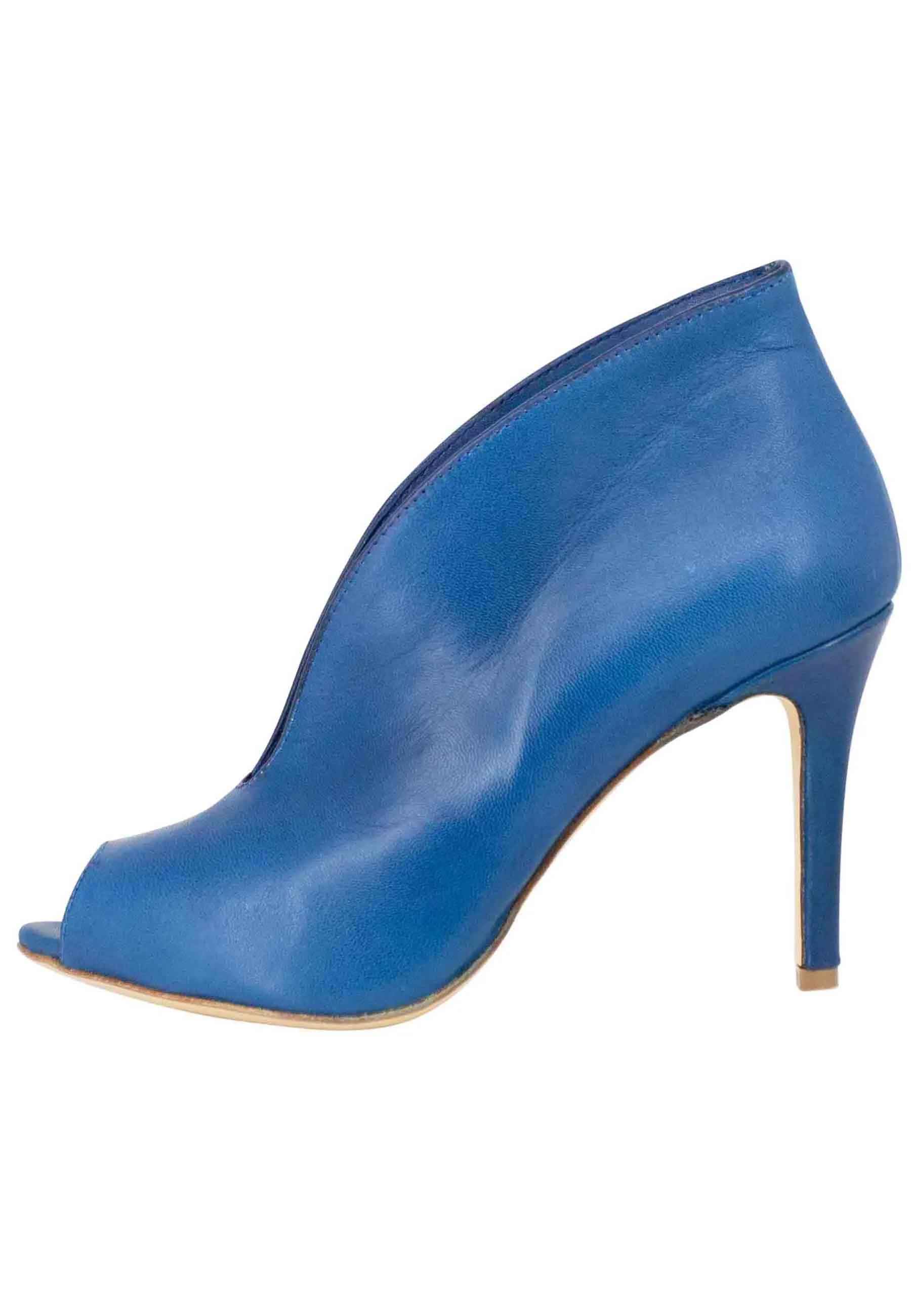 Blue denim high heel open toe leather women's booties.