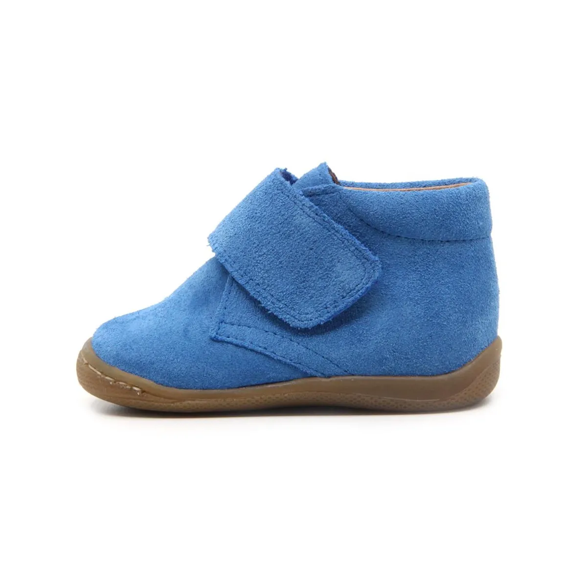 Blue suede kids' shoes with velcro fastening.