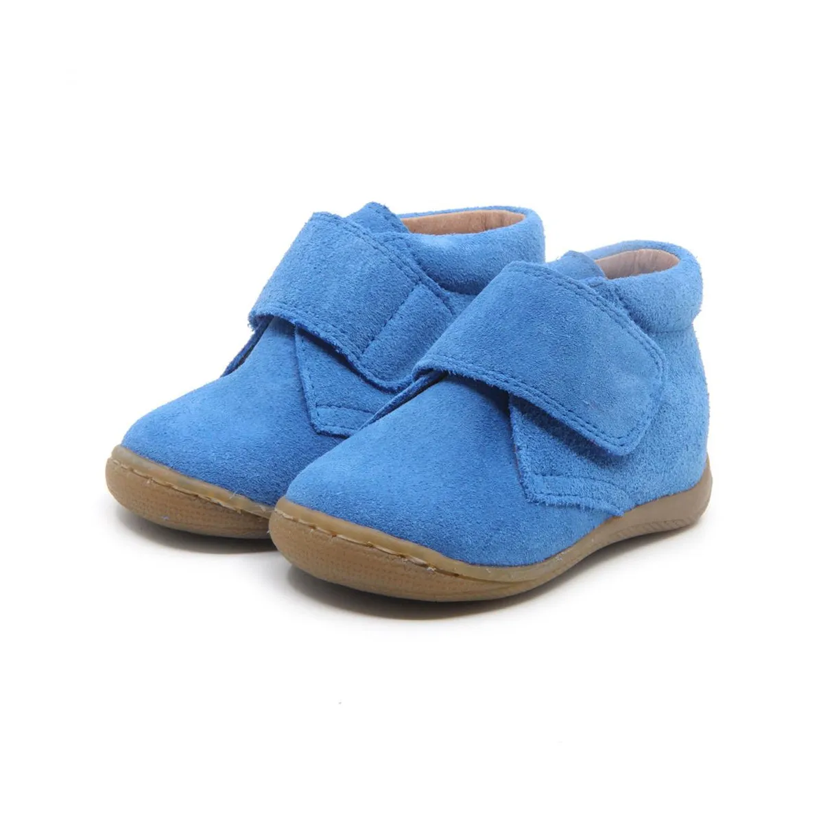 Blue suede kids' shoes with velcro fastening.