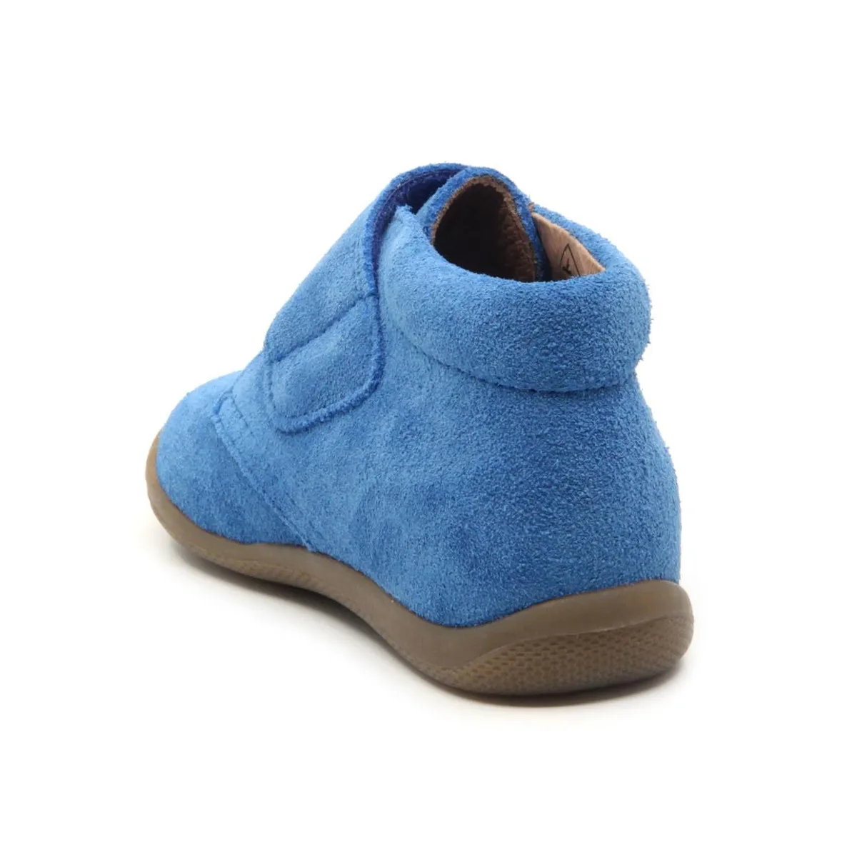 Blue suede kids' shoes with velcro fastening.