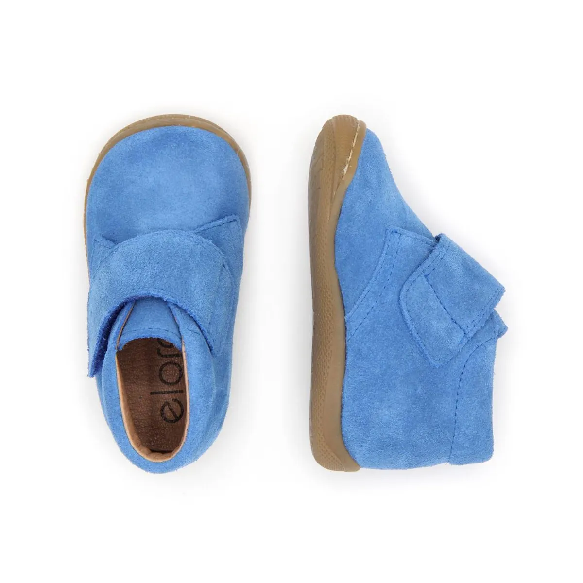 Blue suede kids' shoes with velcro fastening.