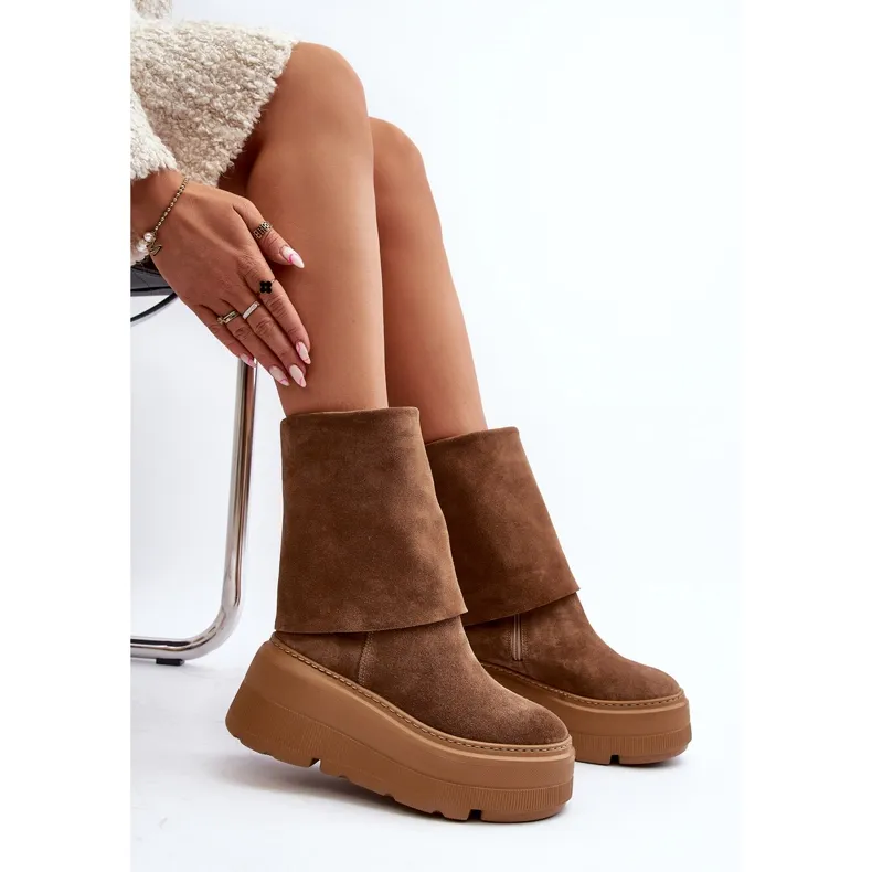 Bottines Zazoo 3410 en daim pour femmes sur une plateforme massive en chameau brun