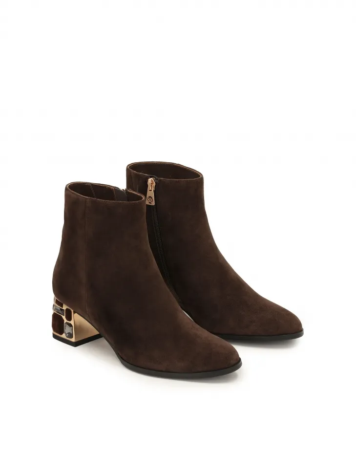 Brown Suede Boots with Stylishly Decorated Heel