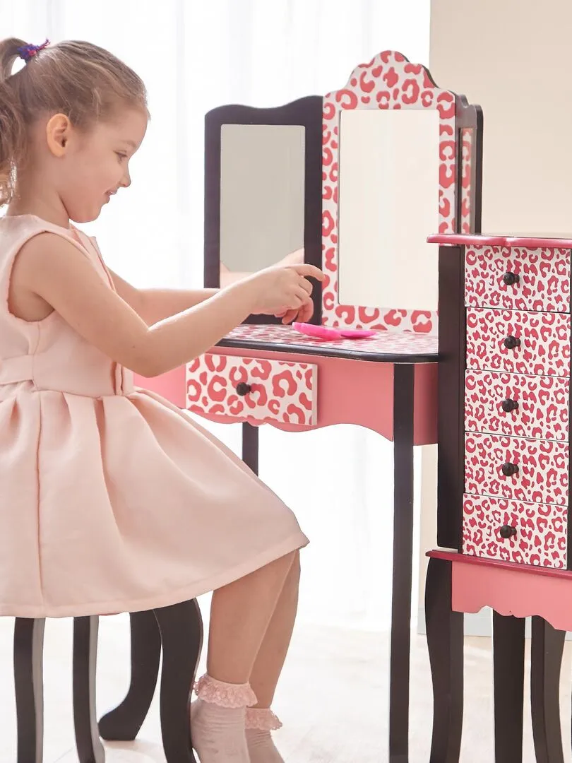 Children's Wooden Makeup Vanity Set with Mirror and Stool - Fantasy Fields Teamson TD-11670A - Pink.