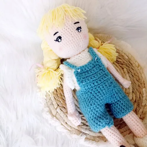 Crochet doll in overalls, mademoiselle