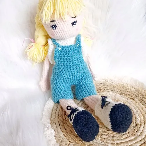 Crochet doll in overalls, mademoiselle