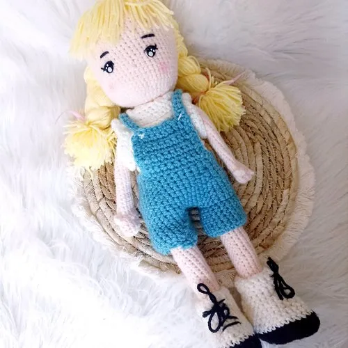 Crochet doll in overalls, mademoiselle