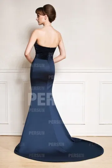 Evening Gown Mermaid Silhouette Navy Blue Rhinestone Embellished Bustier with Chapel Train - Robedesoireelongue.fr