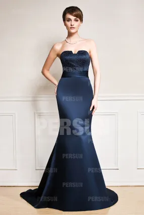 Evening Gown Mermaid Silhouette Navy Blue Rhinestone Embellished Bustier with Chapel Train - Robedesoireelongue.fr