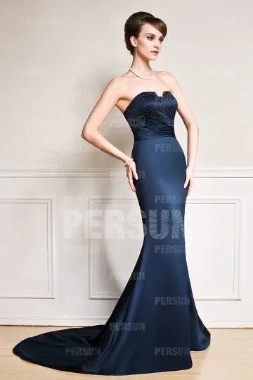 Evening Gown Mermaid Silhouette Navy Blue Rhinestone Embellished Bustier with Chapel Train - Robedesoireelongue.fr