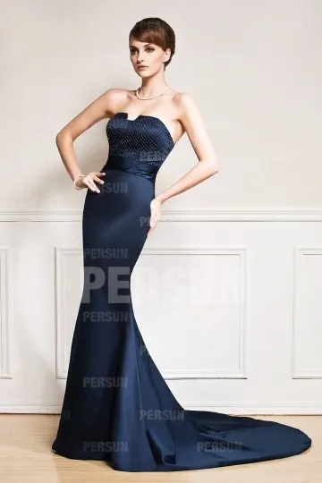 Evening Gown Mermaid Silhouette Navy Blue Rhinestone Embellished Bustier with Chapel Train - Robedesoireelongue.fr