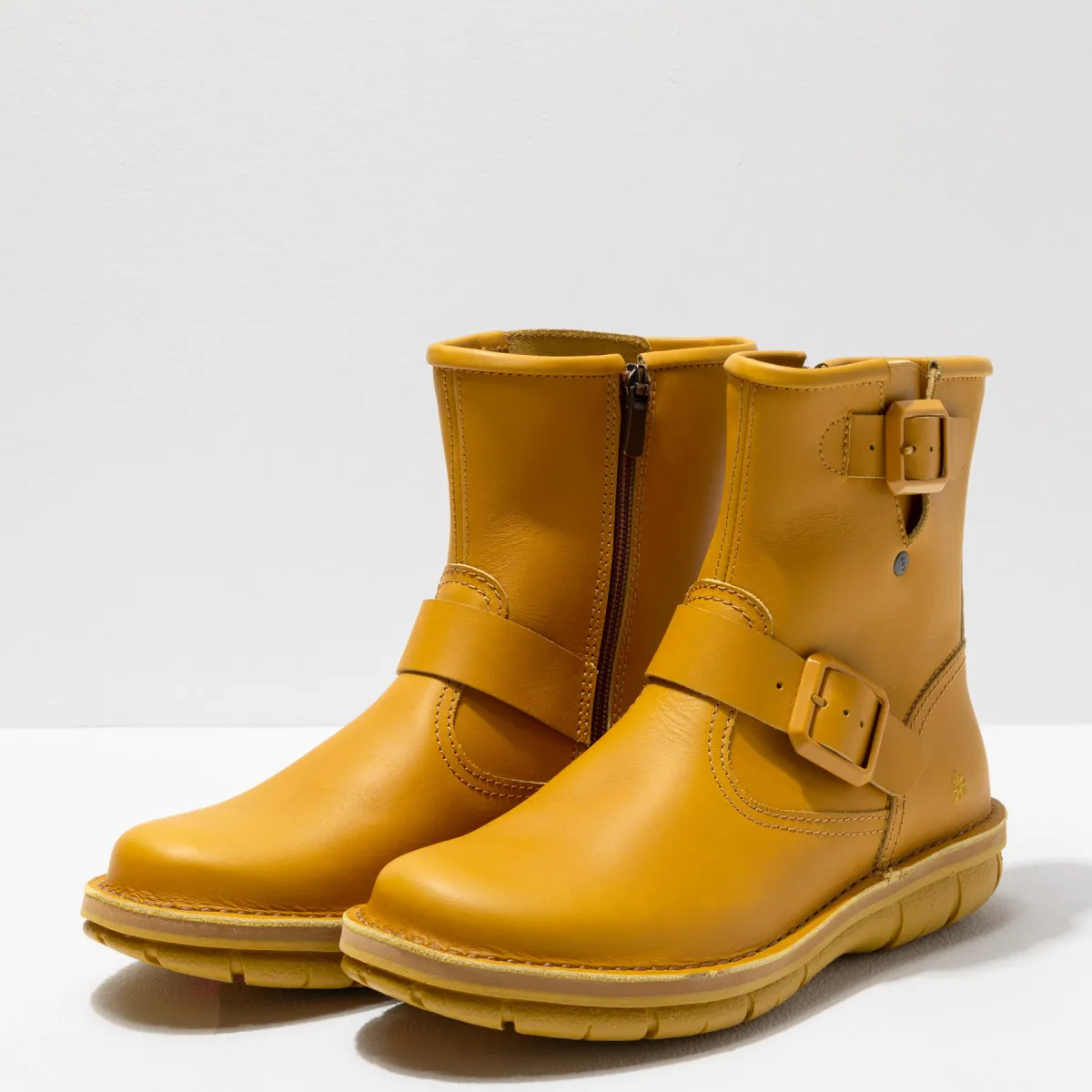 Flat Leather Ankle Boots - Yellow