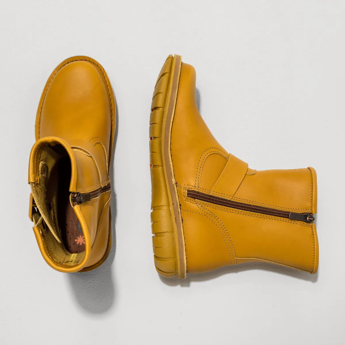 Flat Leather Ankle Boots - Yellow