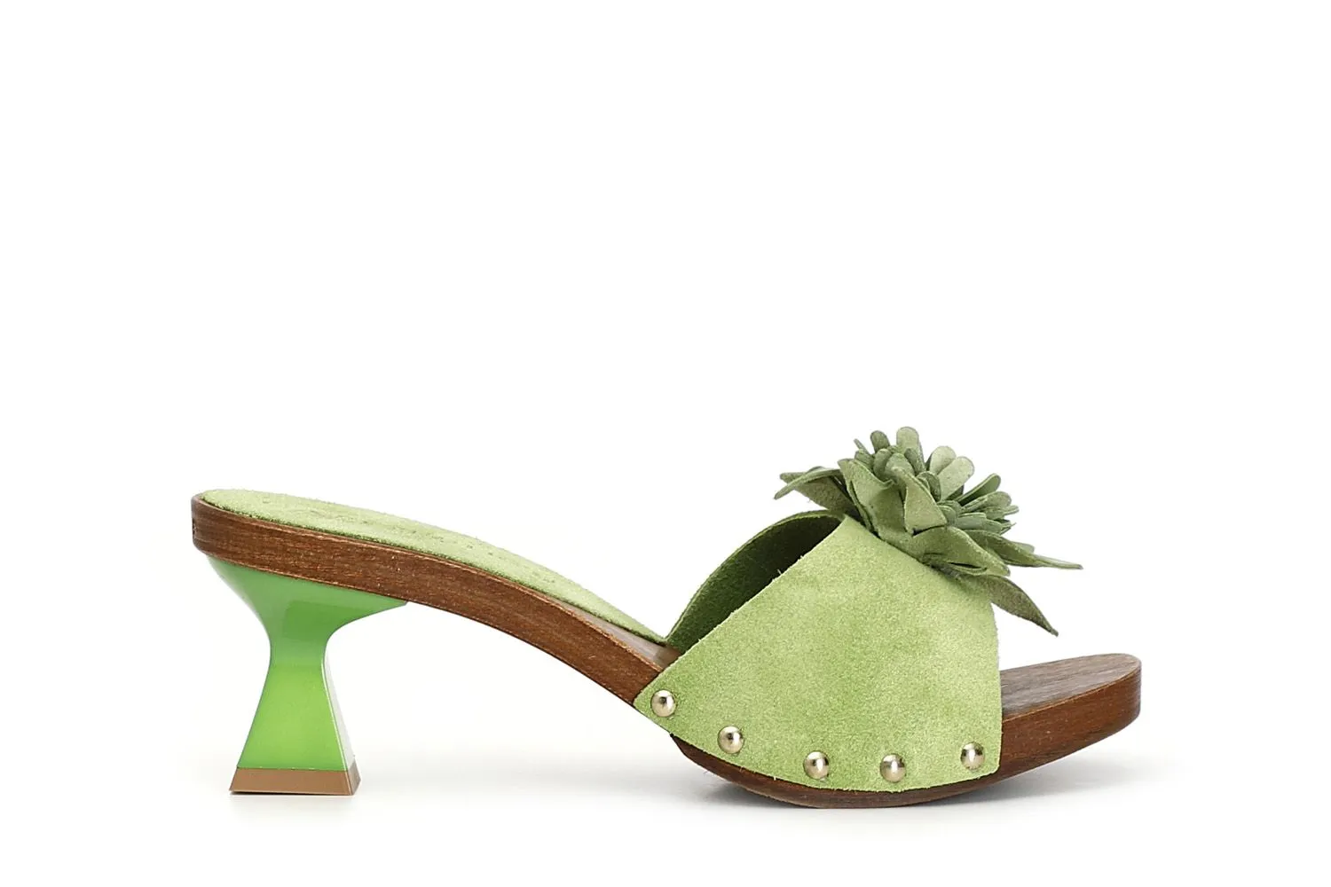 green suede sandals with decorated band and 3D flower - CafèNoir