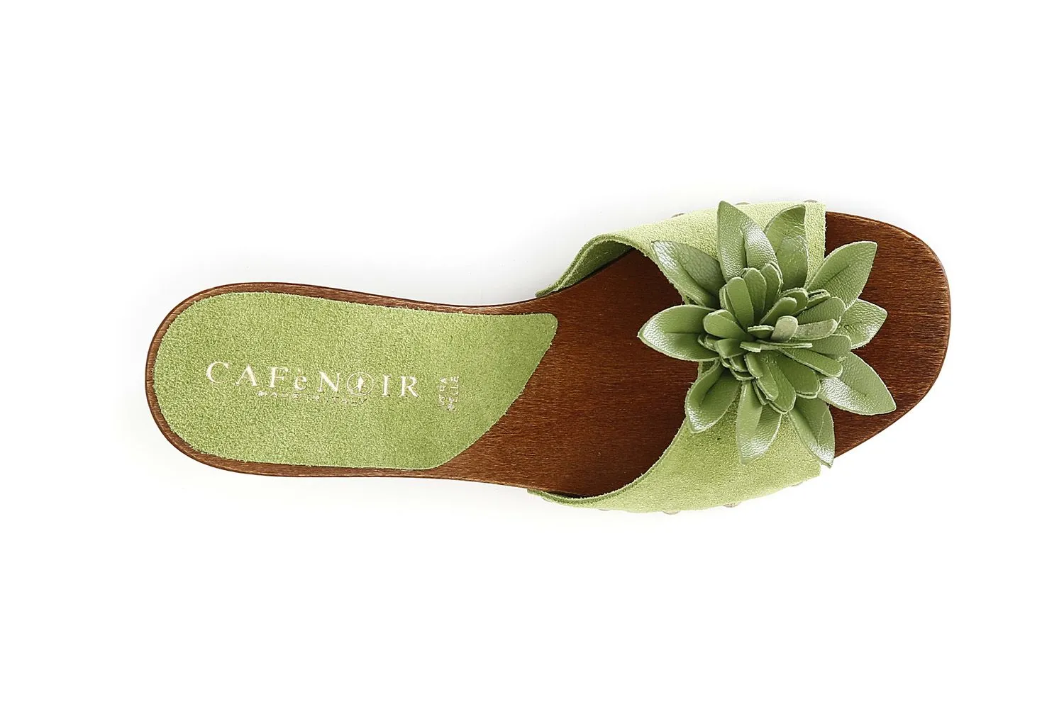 green suede sandals with decorated band and 3D flower - CafèNoir