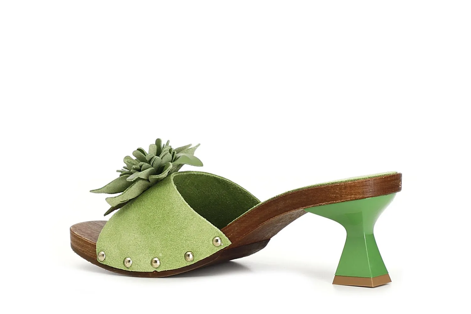 green suede sandals with decorated band and 3D flower - CafèNoir