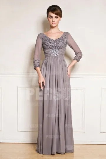 Grey Long V-Neck Sequin Embellished Dress for Gala - Robedesoireelongue.fr