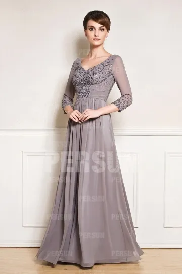 Grey Long V-Neck Sequin Embellished Dress for Gala - Robedesoireelongue.fr