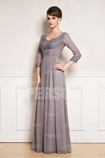 Grey Long V-Neck Sequin Embellished Dress for Gala - Robedesoireelongue.fr